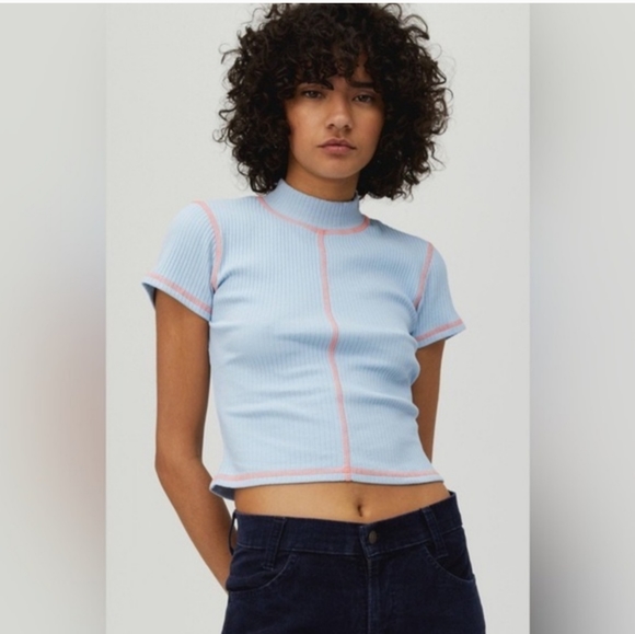 NWT- Daydreamer Blue and Orange Short Sleeve Ribbed Mock Turtleneck Size Small - Picture 1 of 11